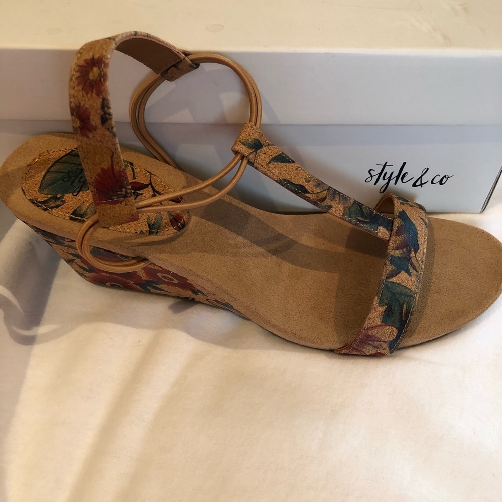 Style & Co. Floral Print Tan Wedge Sandals